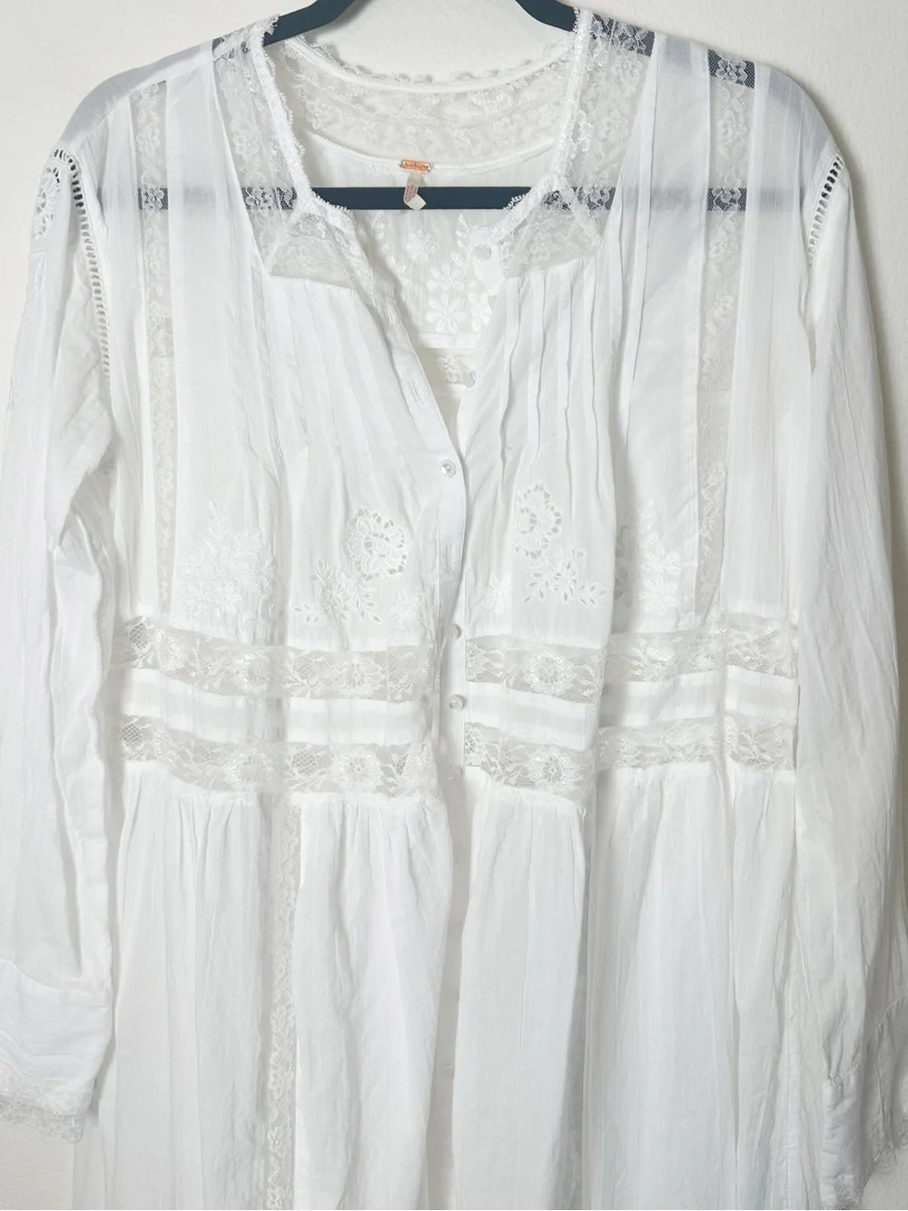 Free People Keepsake Maxi Top White Lace Inset Embroidered Cotton Small